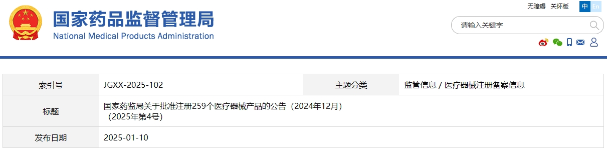 国家药监局关于批准注册259个医疗器械产品的公告（2024年12月）(图1)