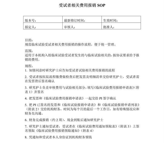受试者相关费用报销SOP模板(图1) 受试者相关费用报销SOP模板(图1)
